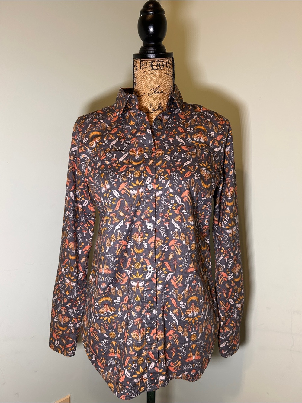 Duluth Printmaker Organic Cotton Poplin Collar Tunic Shirt Mushroom Moth XS